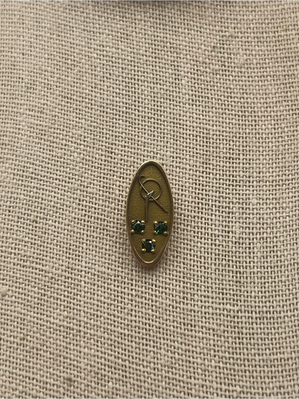 Vintage McDonnell Douglas Gold Oval 20 Year Service Pin with 3 Green Emeralds